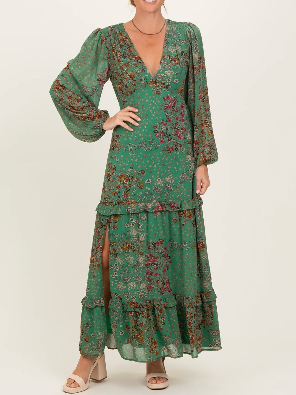 Baevely Green Floral Chiffon Maxi L Dress Long Sleeve Boho Cottage core Romantic